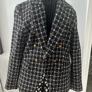 La Femme Black and White Tweed Double-Breasted Blazer